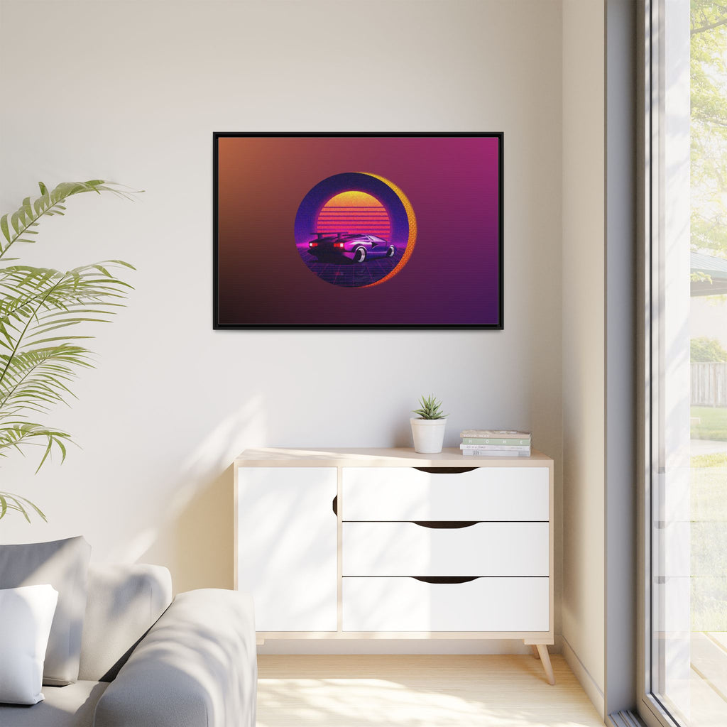 Retro Sunset Sports Car Matte Canvas Framed Wall Art