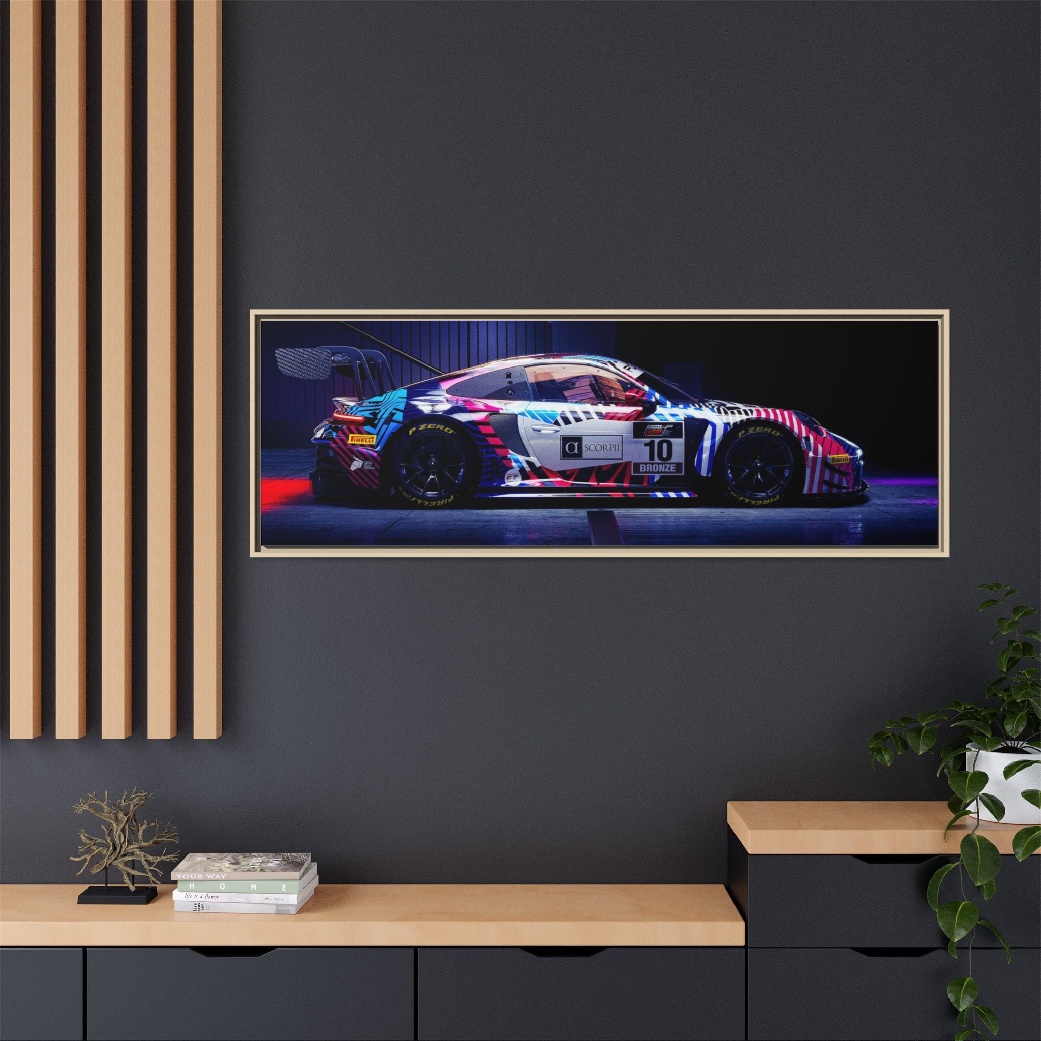 Framed Matte Canvas Print — Neon Racecar Wall Art