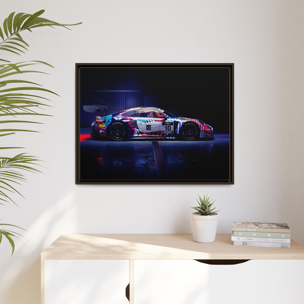 Framed Matte Canvas Print — Neon Racecar Wall Art
