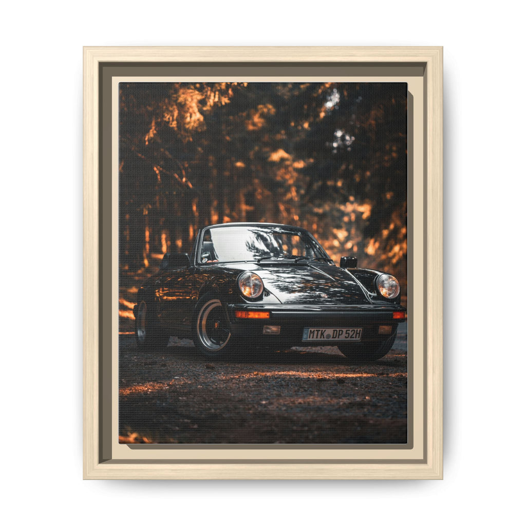 Framed Matte Canvas Print — Vintage Black Porsche in Autumn Forest