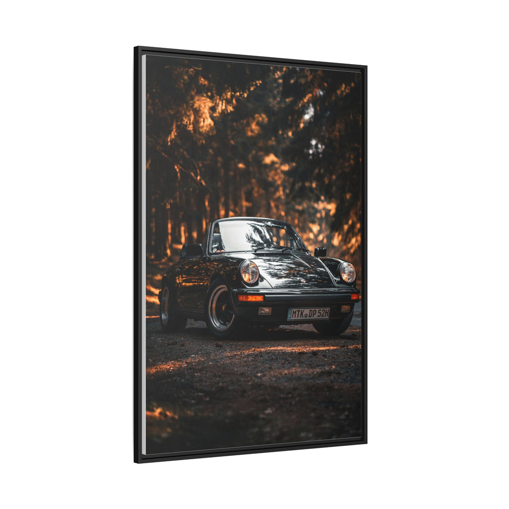 Framed Matte Canvas Print — Vintage Black Porsche in Autumn Forest