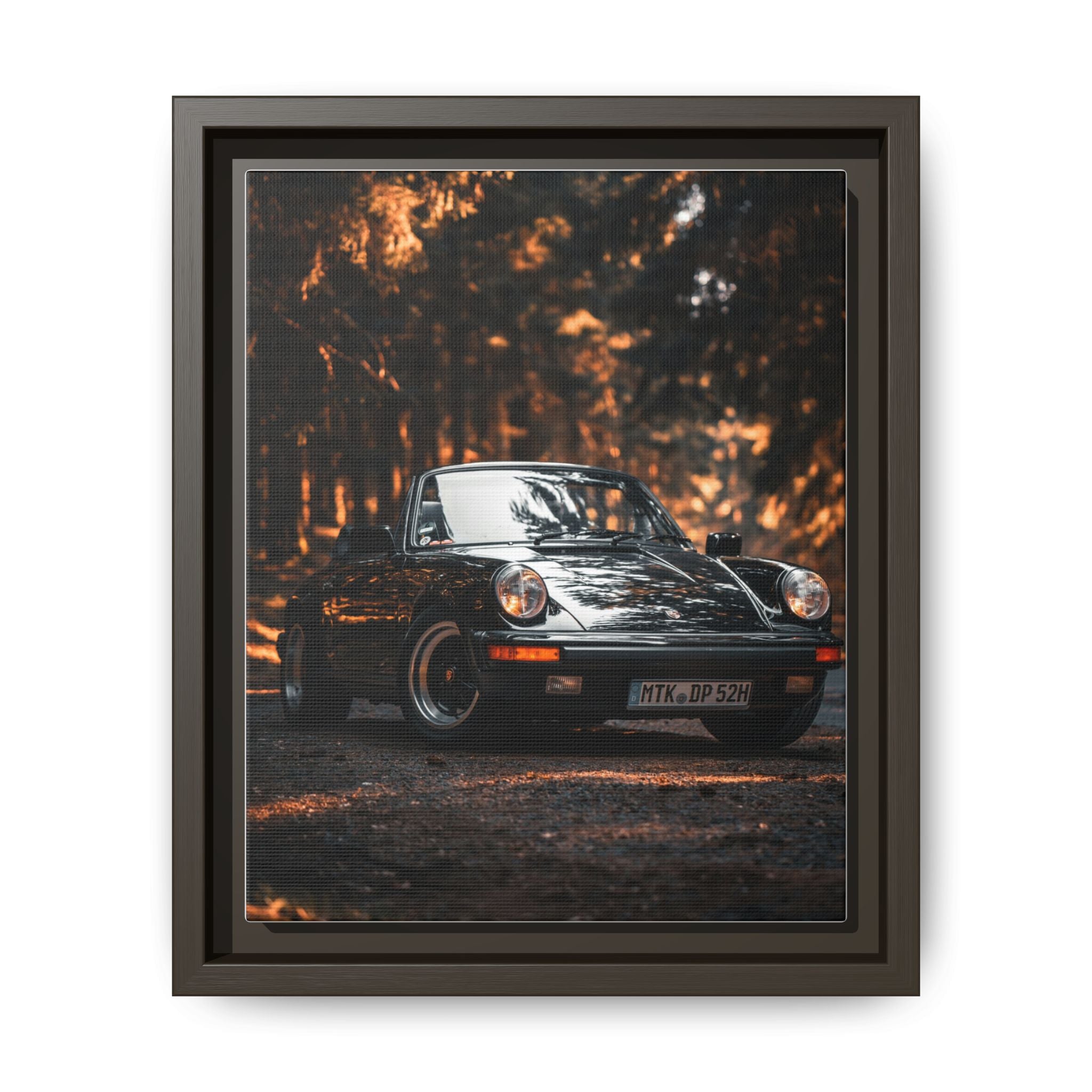 Framed Matte Canvas Print — Vintage Black Porsche in Autumn Forest