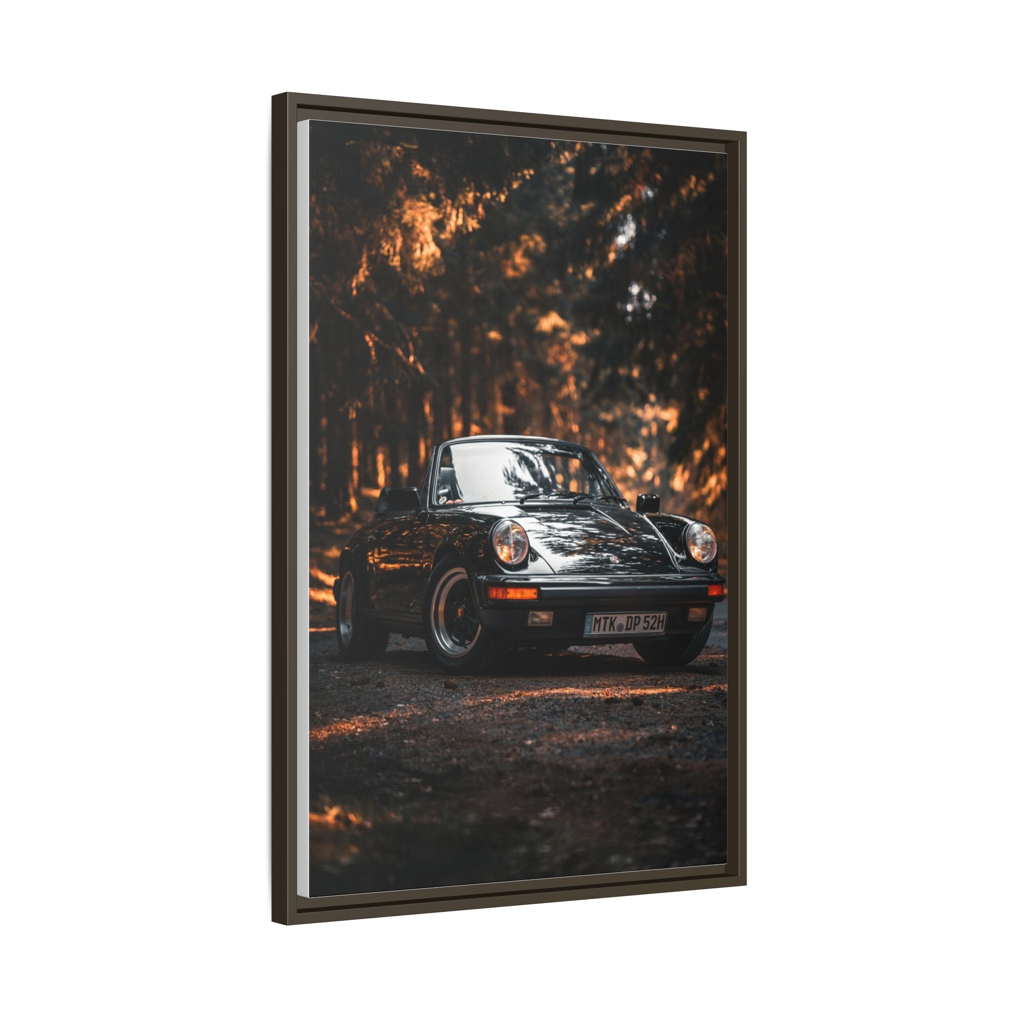 Framed Matte Canvas Print — Vintage Black Porsche in Autumn Forest