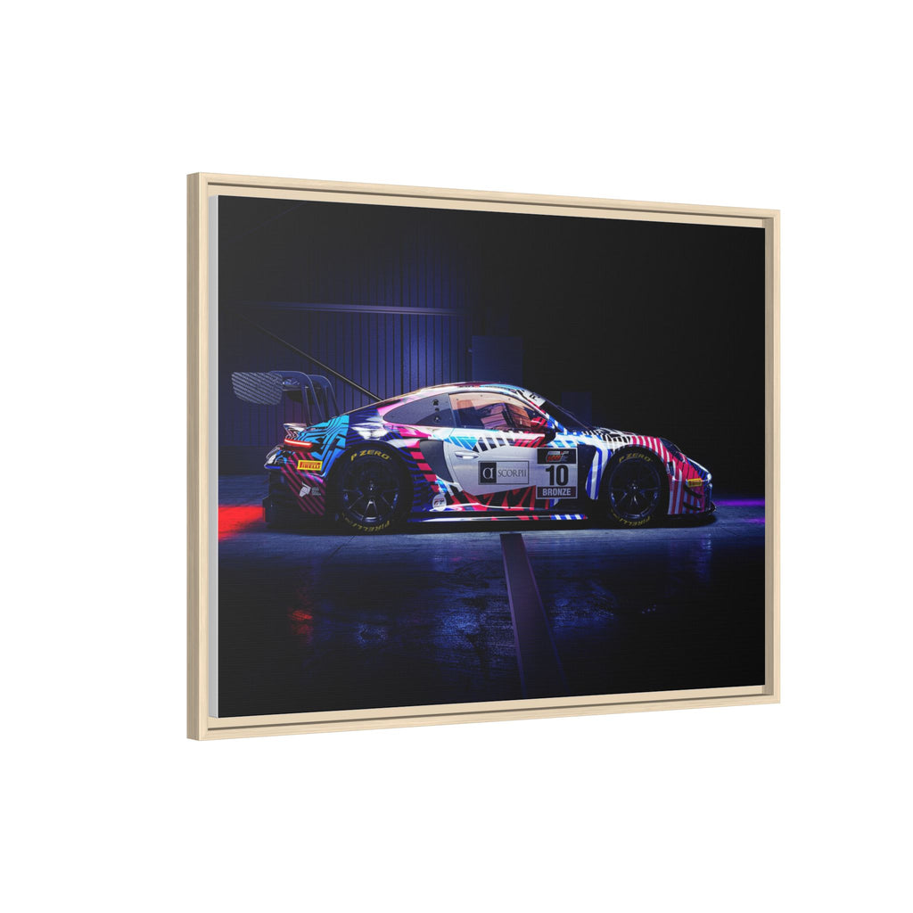 Framed Matte Canvas Print — Neon Racecar Wall Art