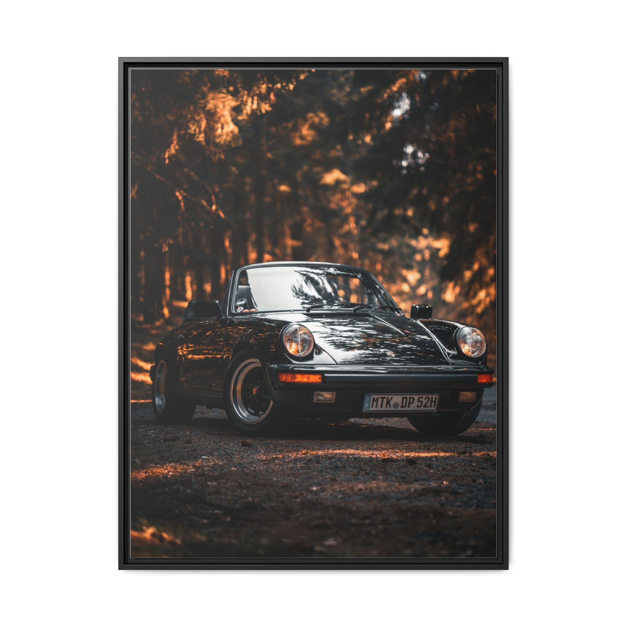 Framed Matte Canvas Print — Vintage Black Porsche in Autumn Forest