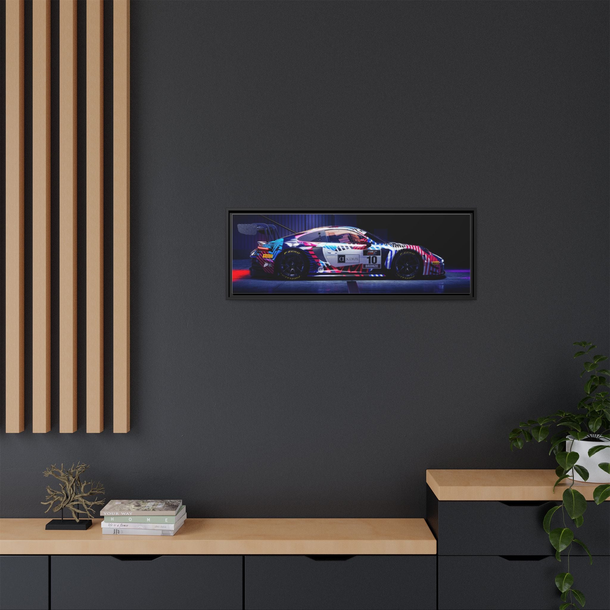 Framed Matte Canvas Print — Neon Racecar Wall Art