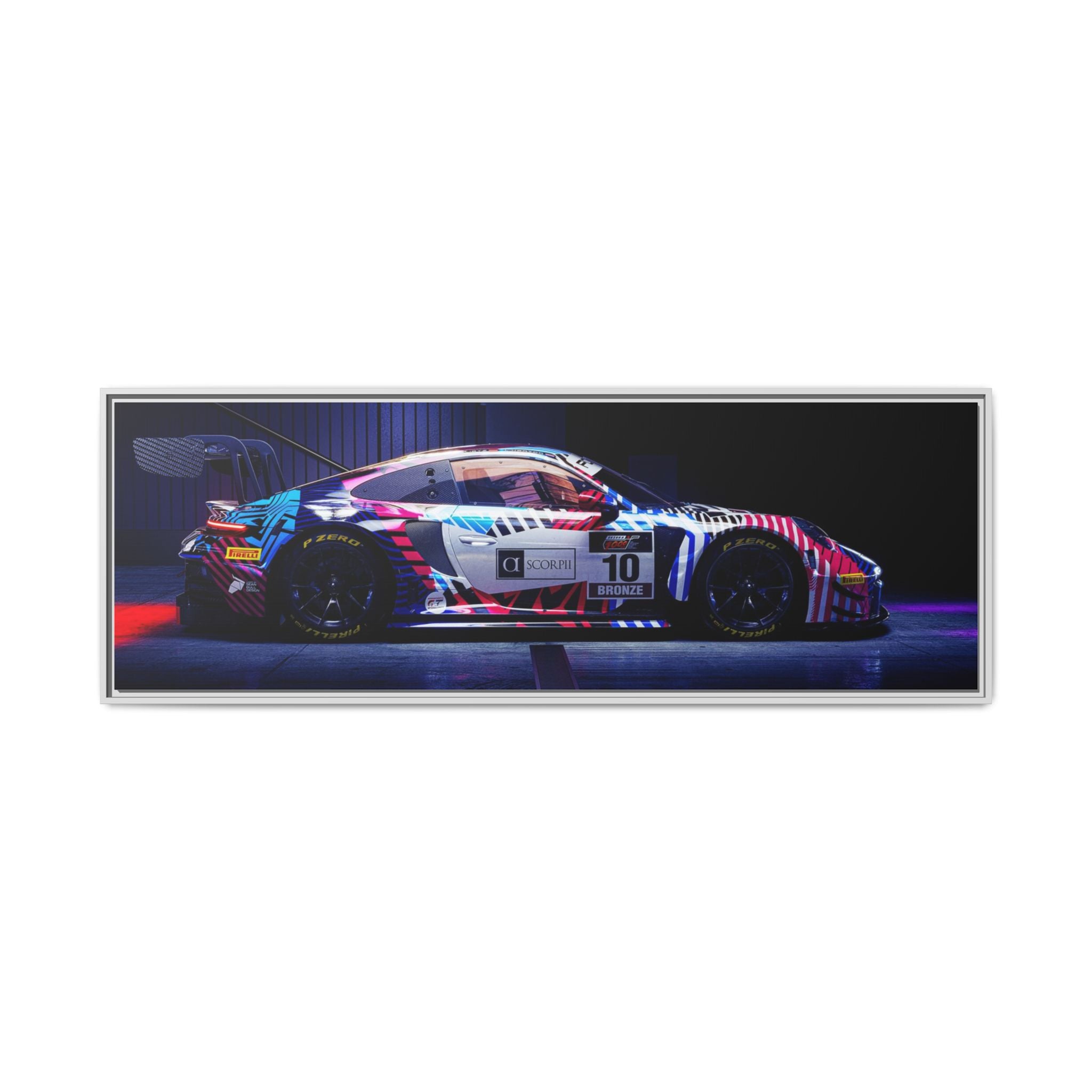 Framed Matte Canvas Print — Neon Racecar Wall Art