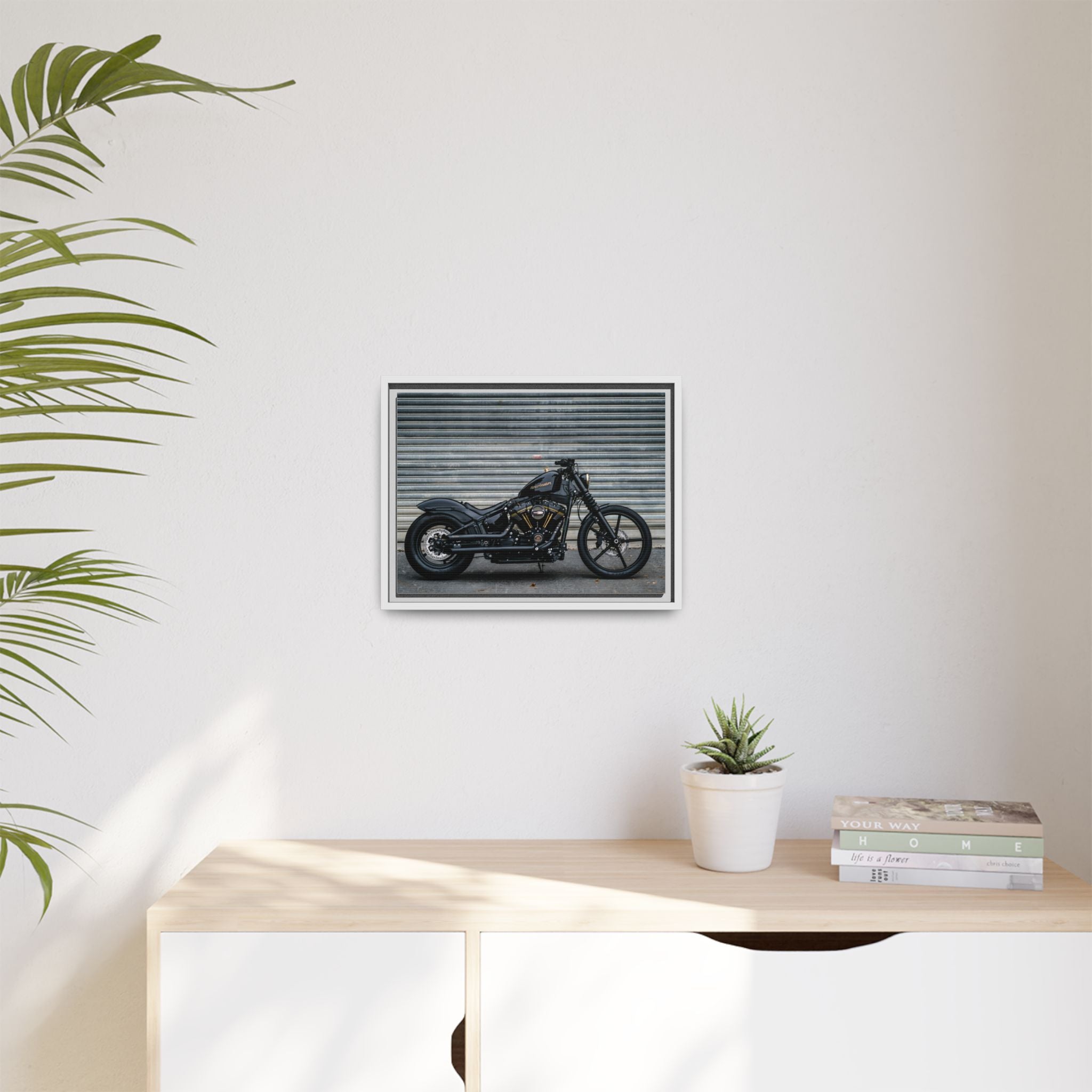 Framed Matte Canvas Motorcycle Print — Black Bobber Wall Art