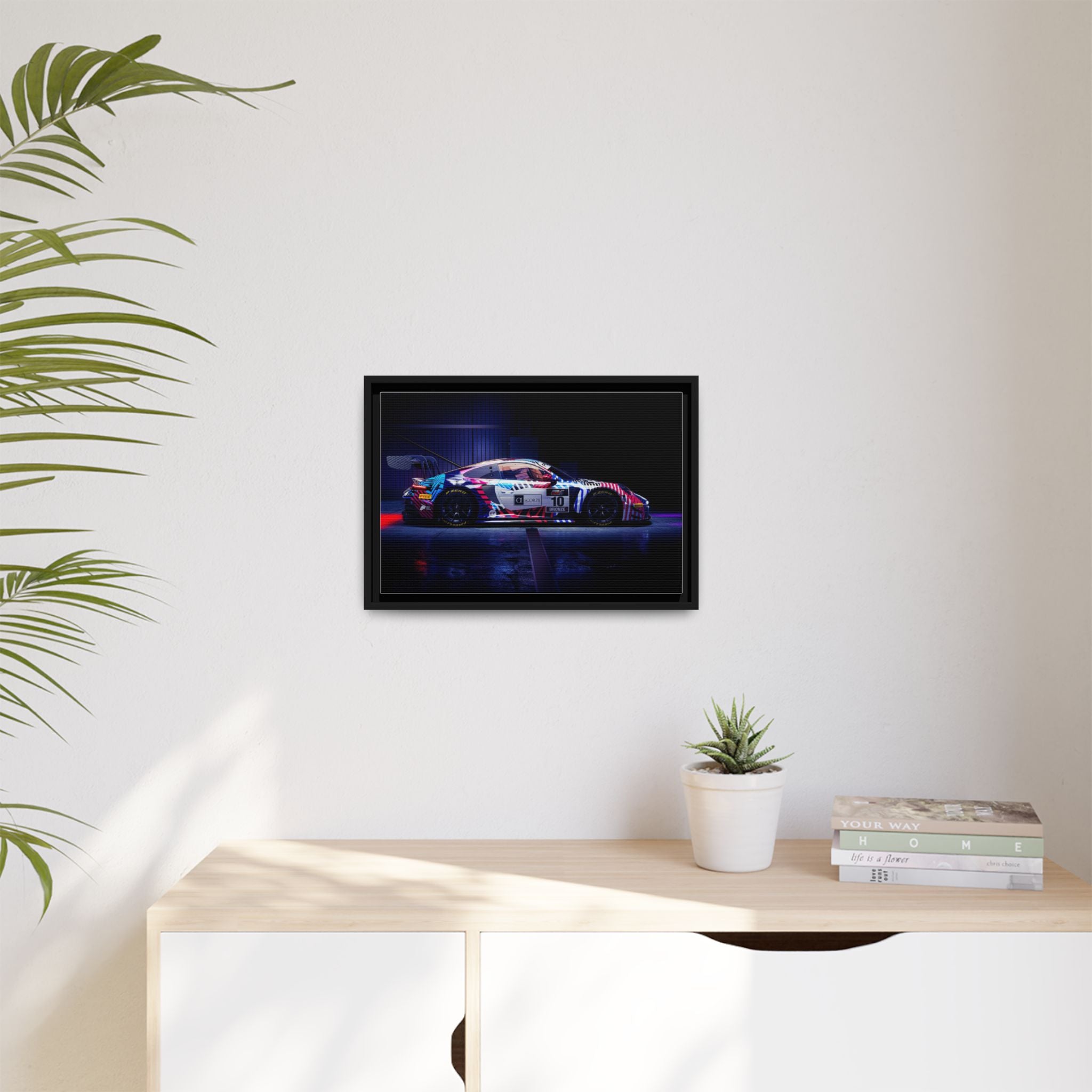 Framed Matte Canvas Print — Neon Racecar Wall Art