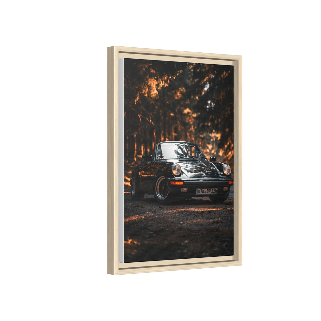 Framed Matte Canvas Print — Vintage Black Porsche in Autumn Forest