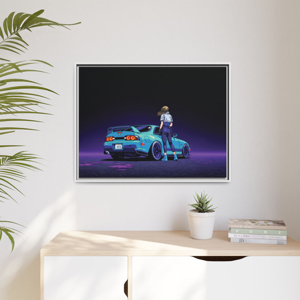 Retro Neon Race Car Poster Matte Canvas Framed | Anime Driver Wall Art