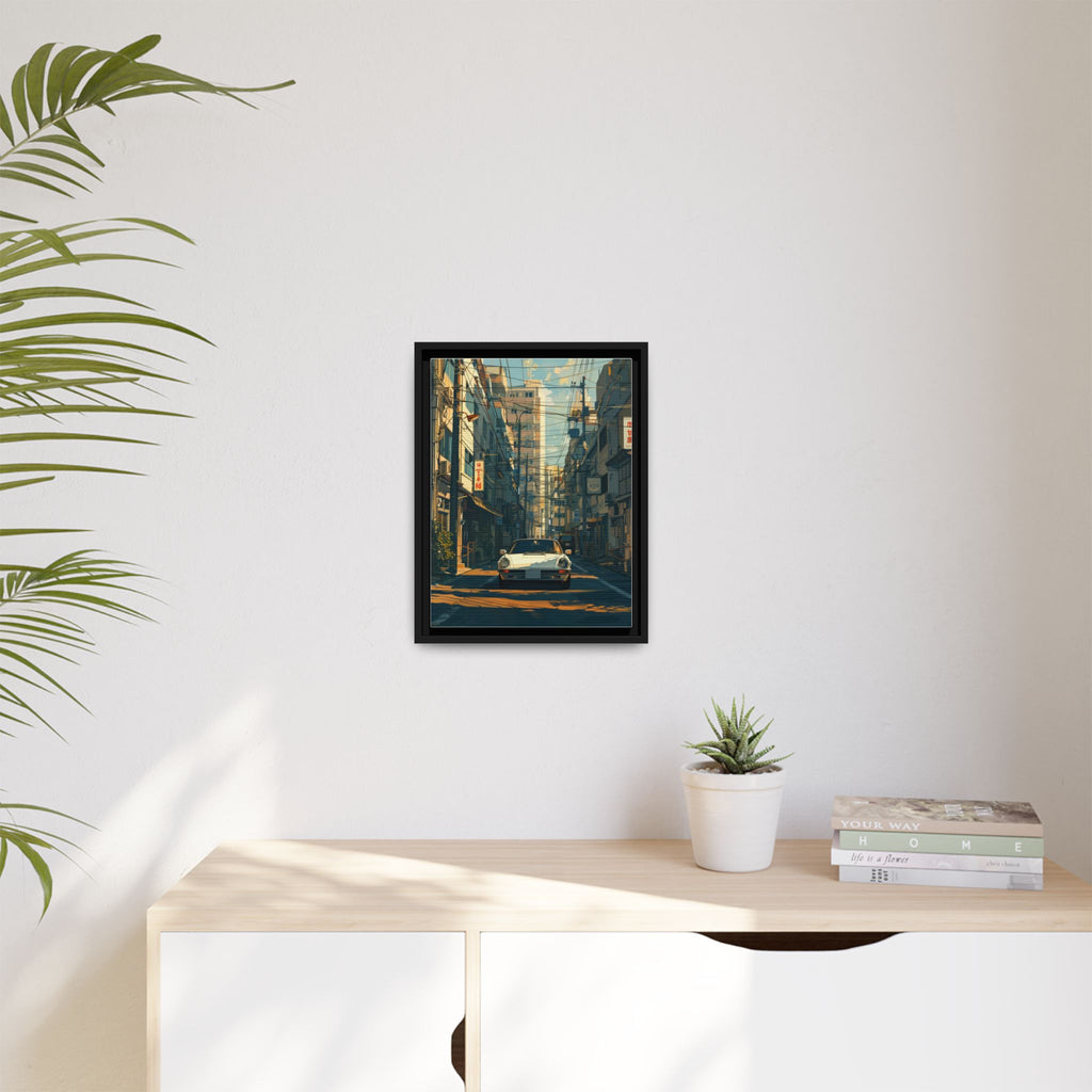 Vintage Sports Car Cityscape Framed Canvas Print
