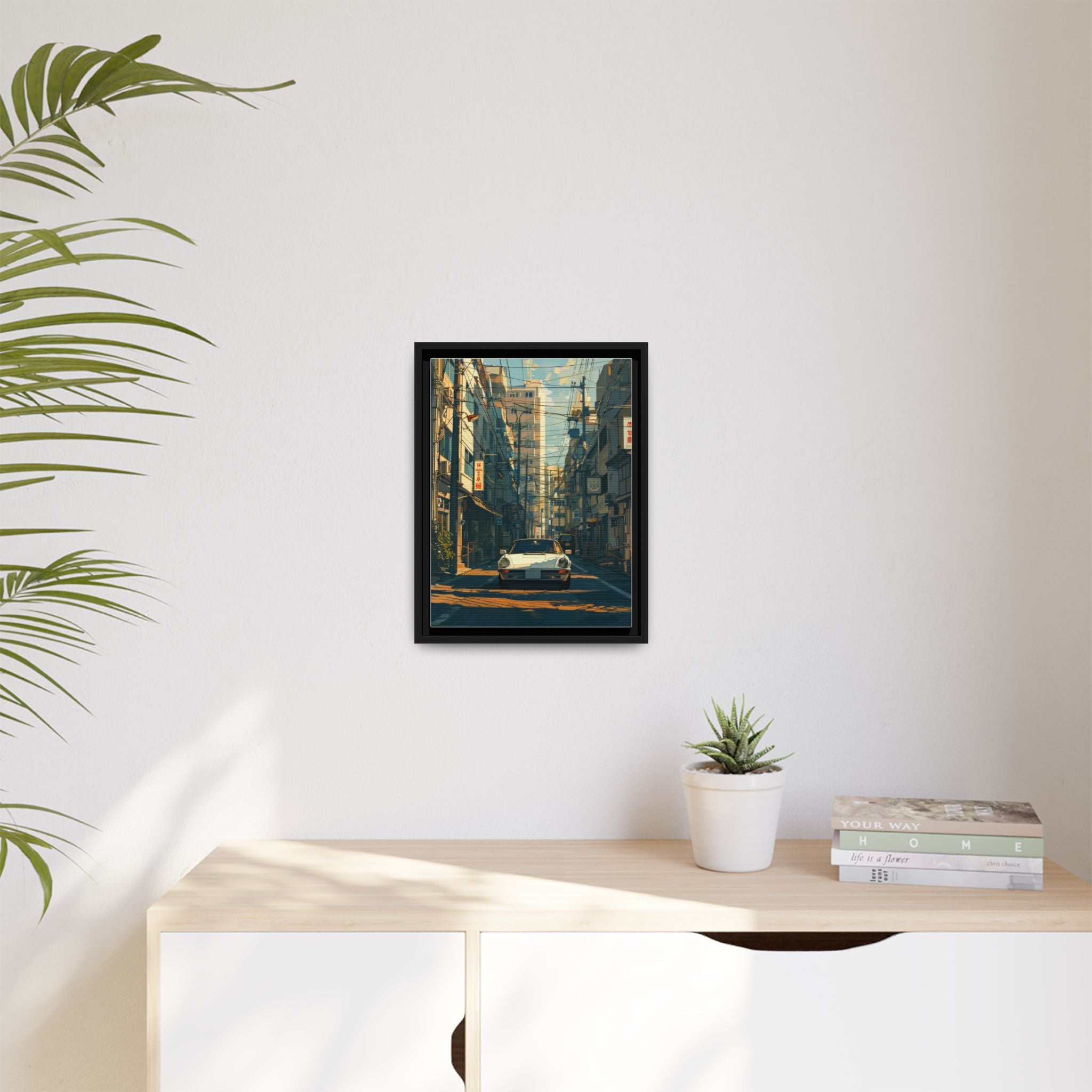 Vintage Sports Car Cityscape Framed Canvas Print