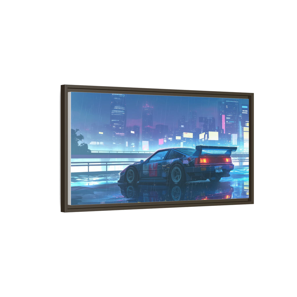 Retro Neon City Car Matte Canvas Print — Framed Wall Art