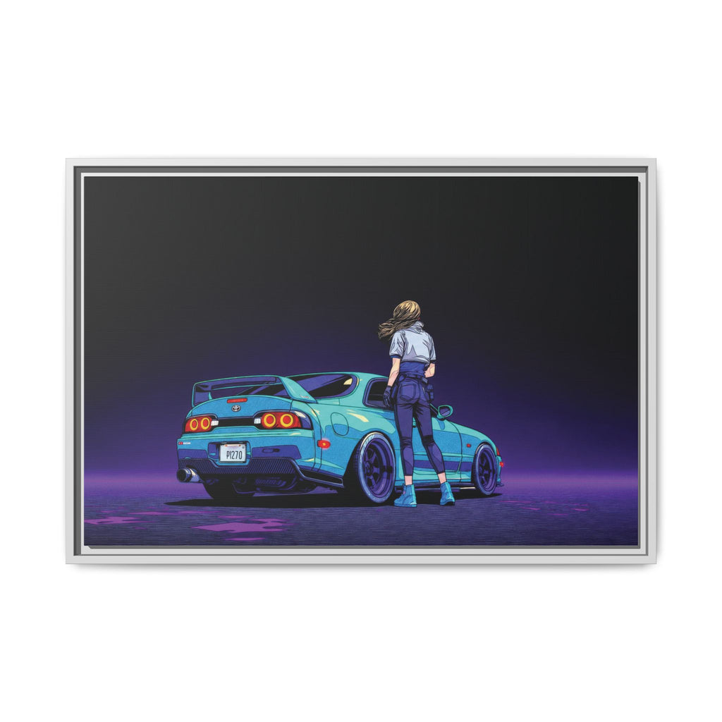 Retro Neon Race Car Poster Matte Canvas Framed | Anime Driver Wall Art