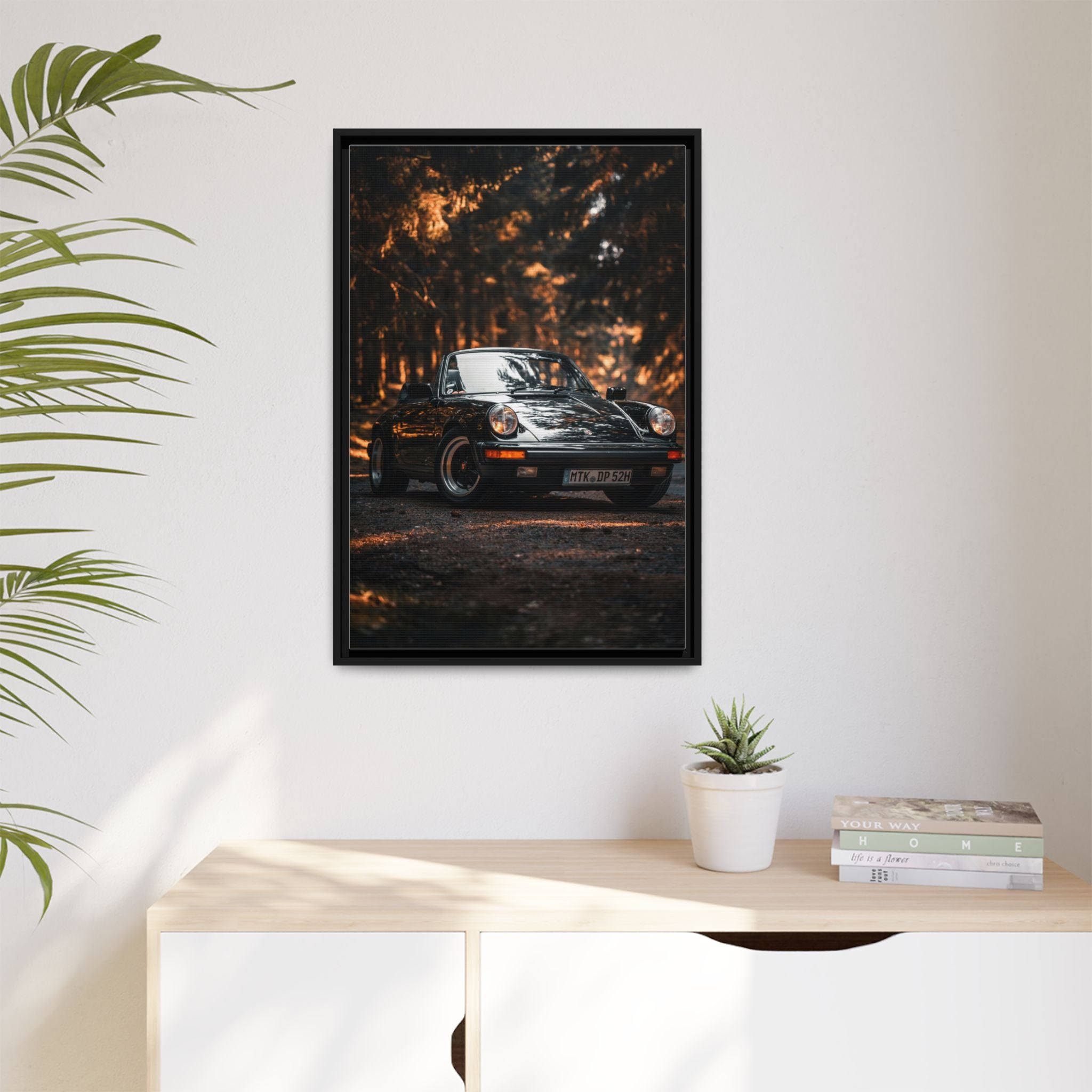 Framed Matte Canvas Print — Vintage Black Porsche in Autumn Forest