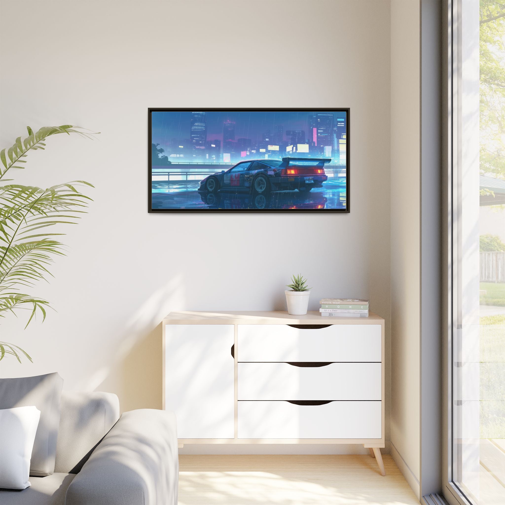 Retro Neon City Car Matte Canvas Print — Framed Wall Art