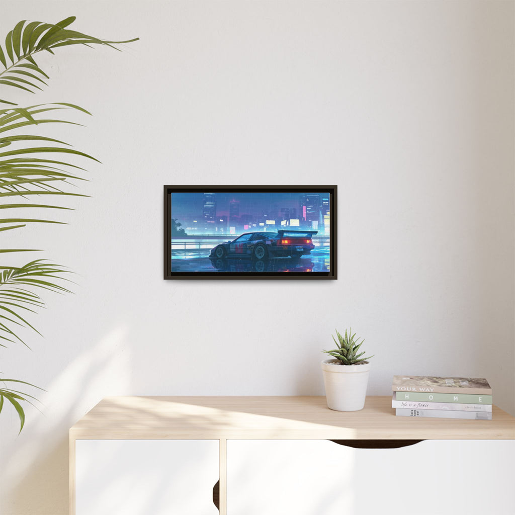 Retro Neon City Car Matte Canvas Print — Framed Wall Art