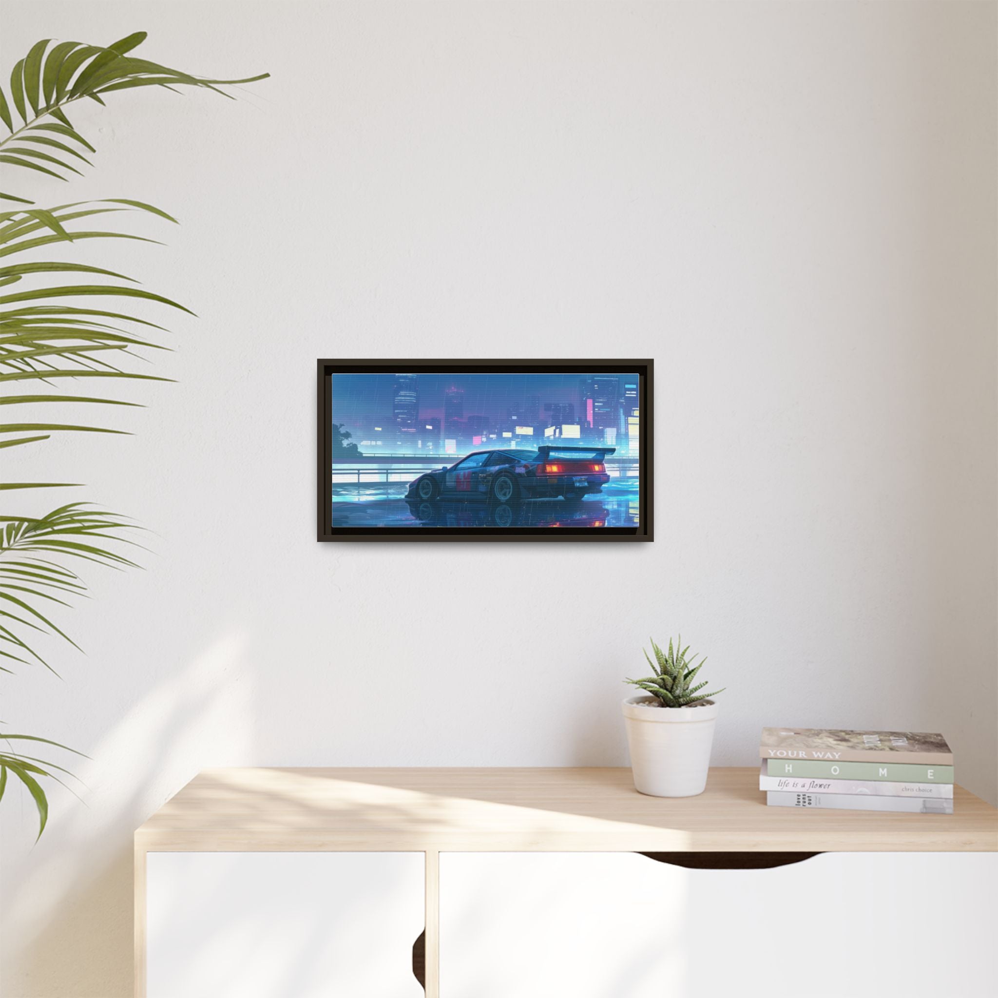 Retro Neon City Car Matte Canvas Print — Framed Wall Art