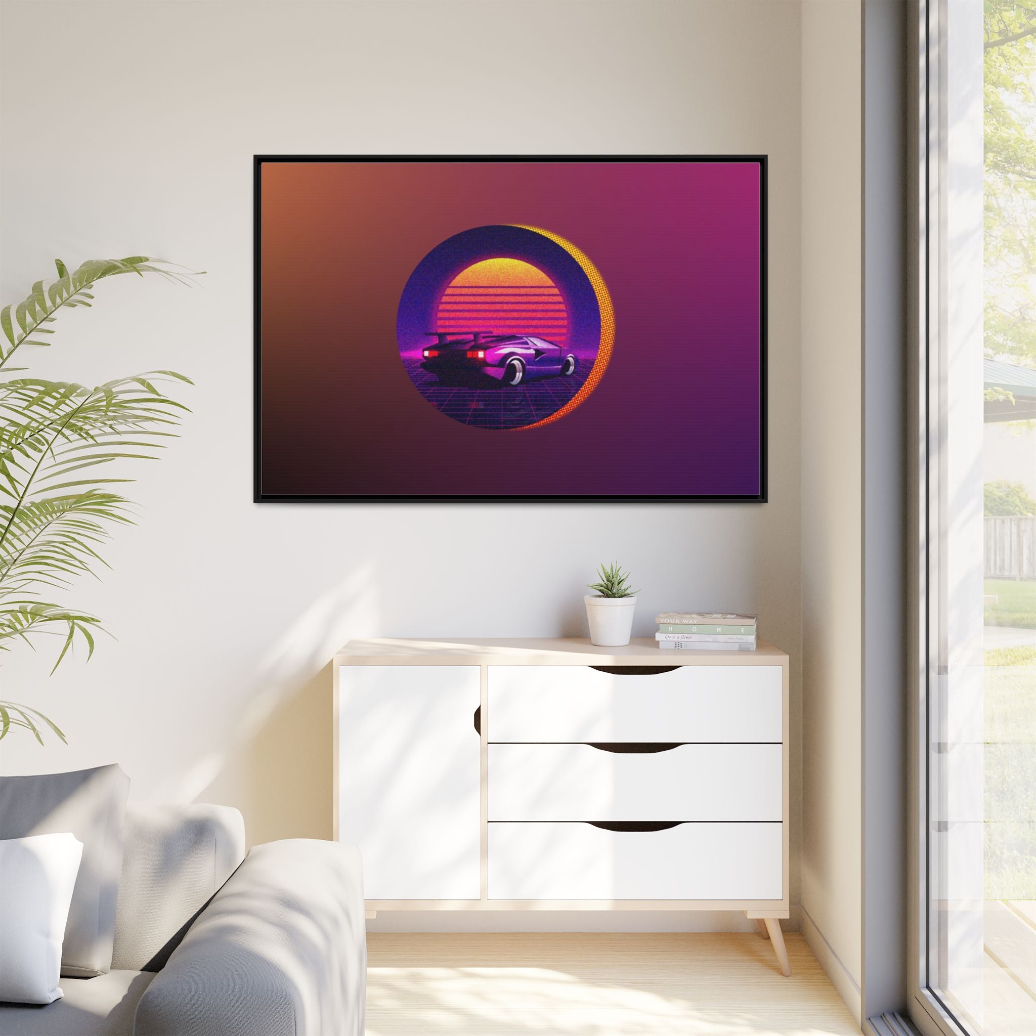 Retro Sunset Sports Car Matte Canvas Framed Wall Art