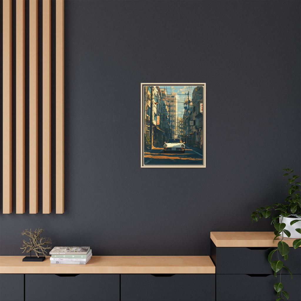 Vintage Sports Car Cityscape Framed Canvas Print
