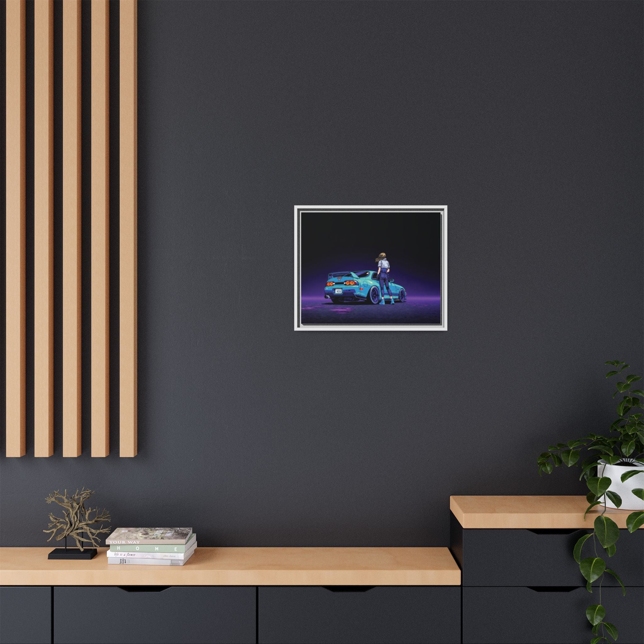 Retro Neon Race Car Poster Matte Canvas Framed | Anime Driver Wall Art
