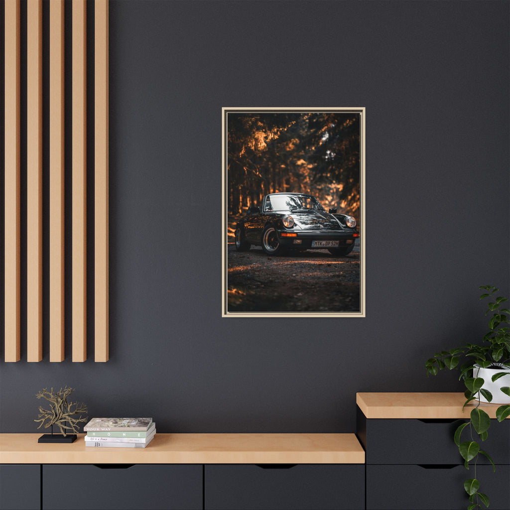 Framed Matte Canvas Print — Vintage Black Porsche in Autumn Forest