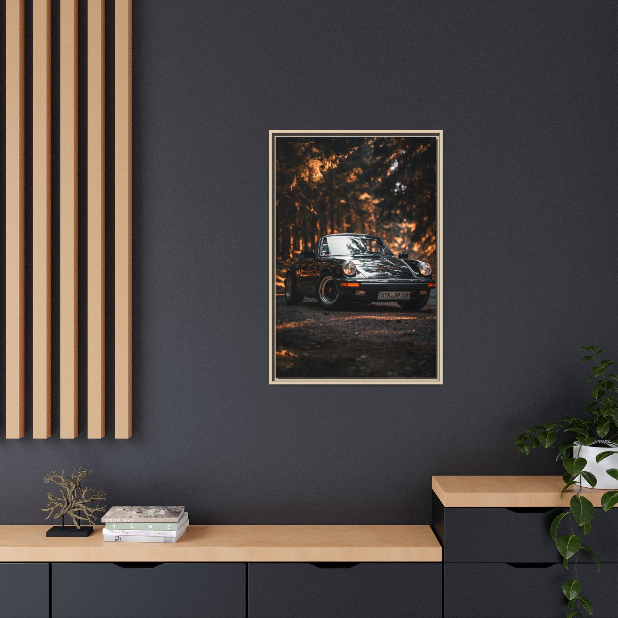 Framed Matte Canvas Print — Vintage Black Porsche in Autumn Forest