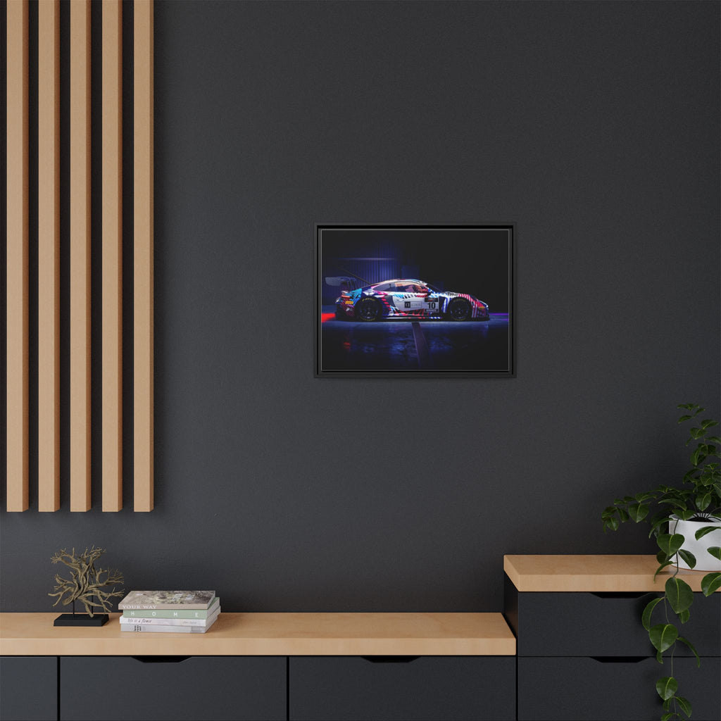 Framed Matte Canvas Print — Neon Racecar Wall Art