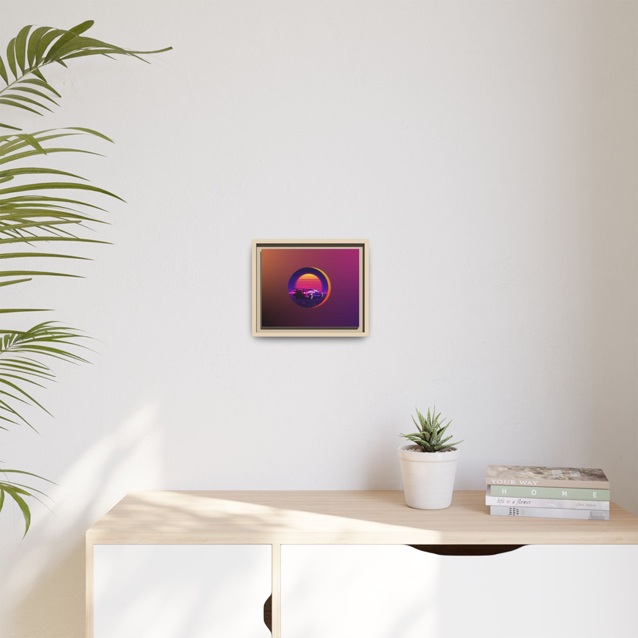Retro Sunset Sports Car Matte Canvas Framed Wall Art