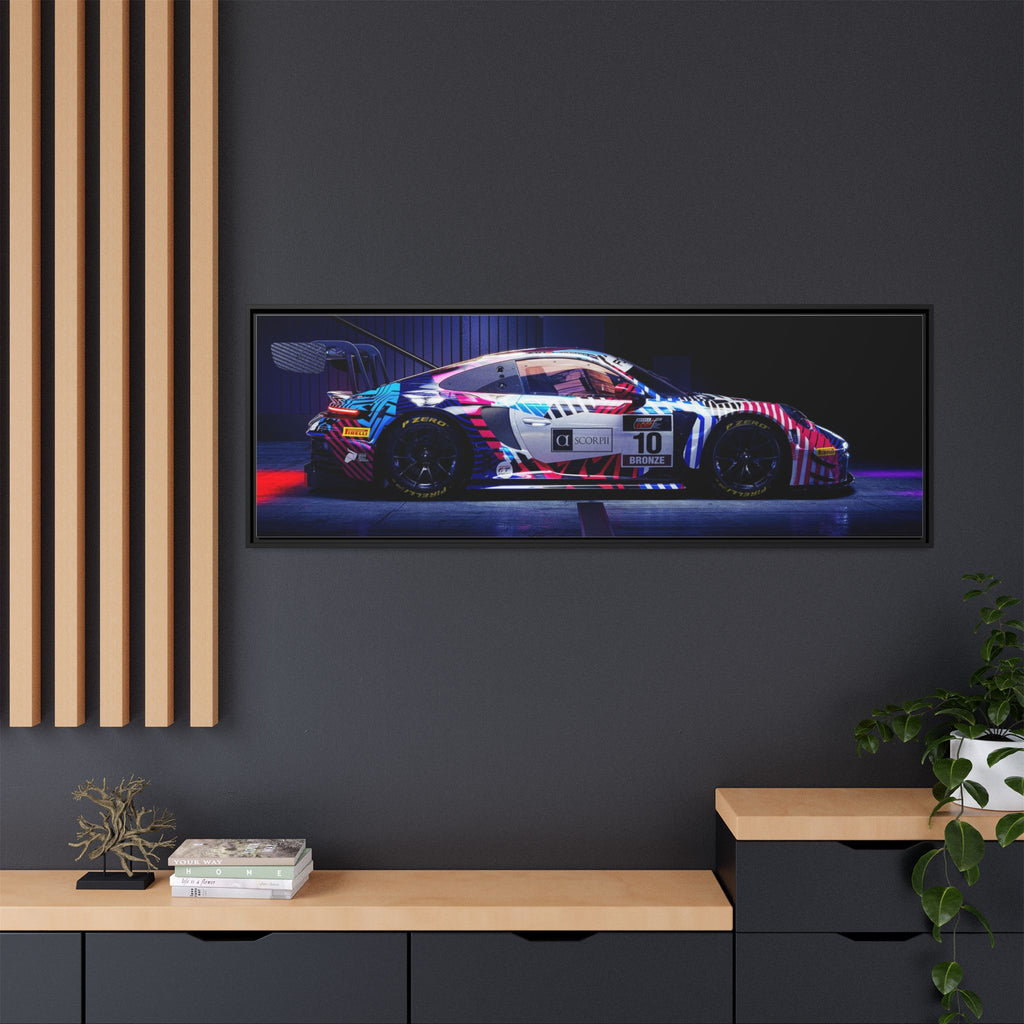 Framed Matte Canvas Print — Neon Racecar Wall Art