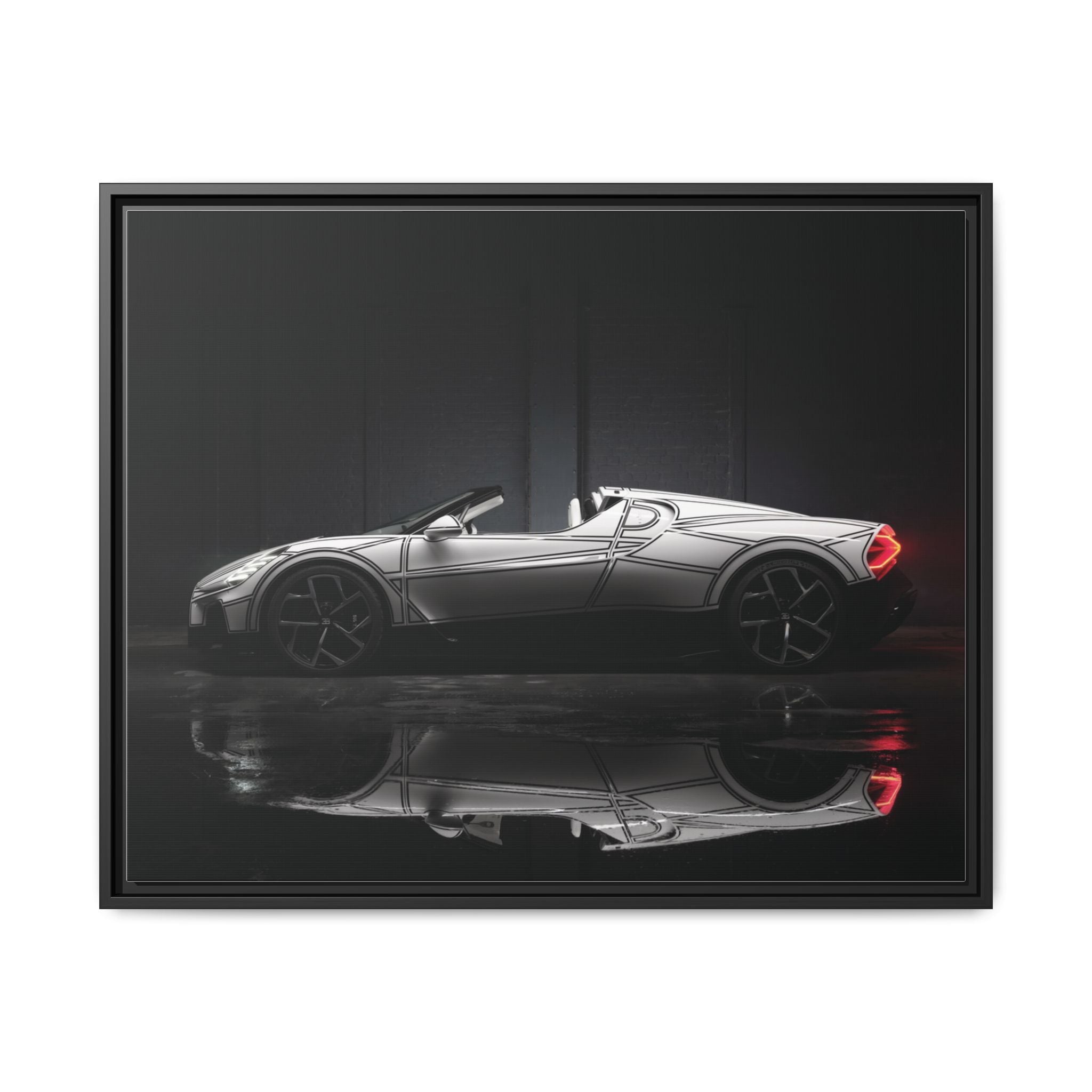 Framed Matte Canvas: Sleek Sports Car Reflection Wall Art