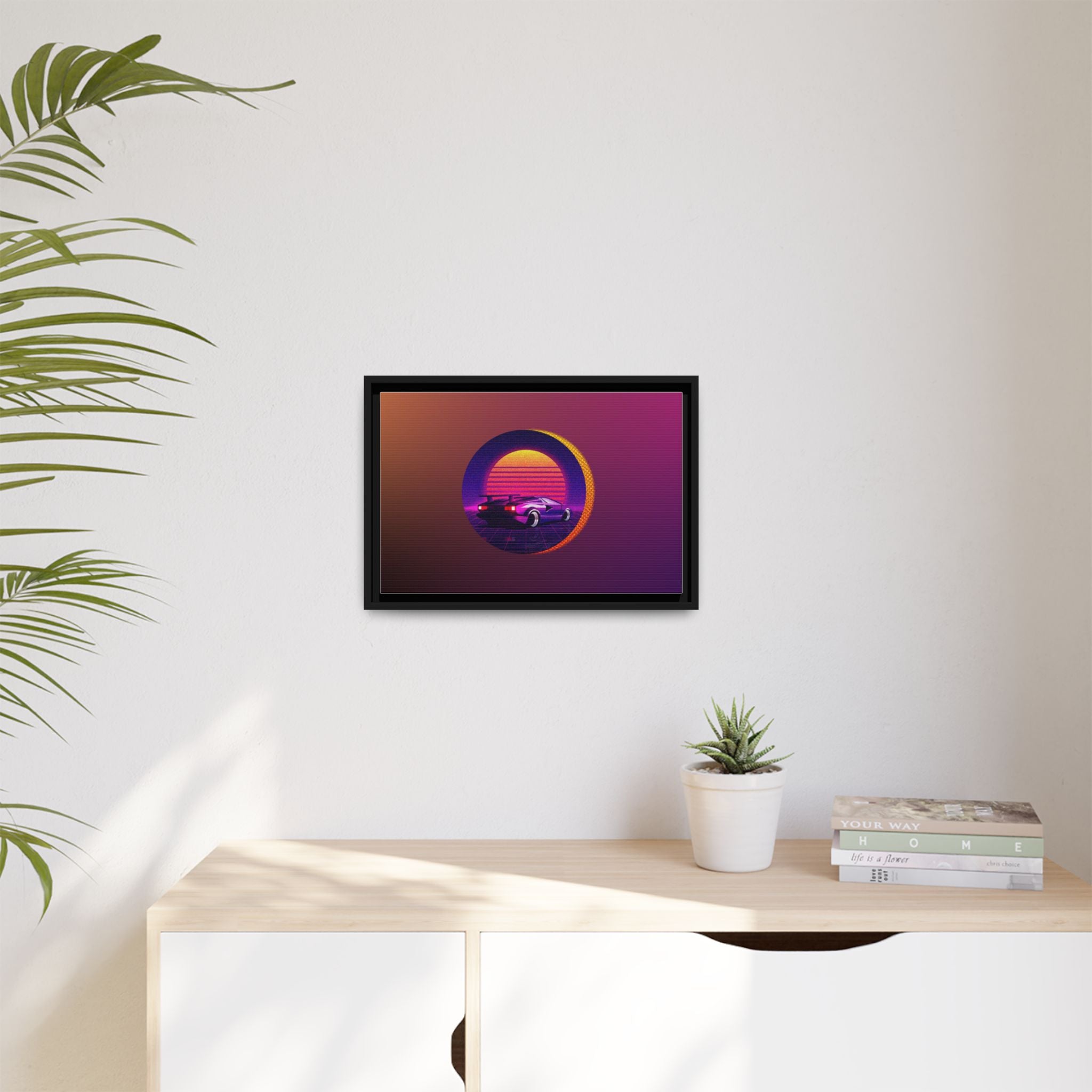 Retro Sunset Sports Car Matte Canvas Framed Wall Art
