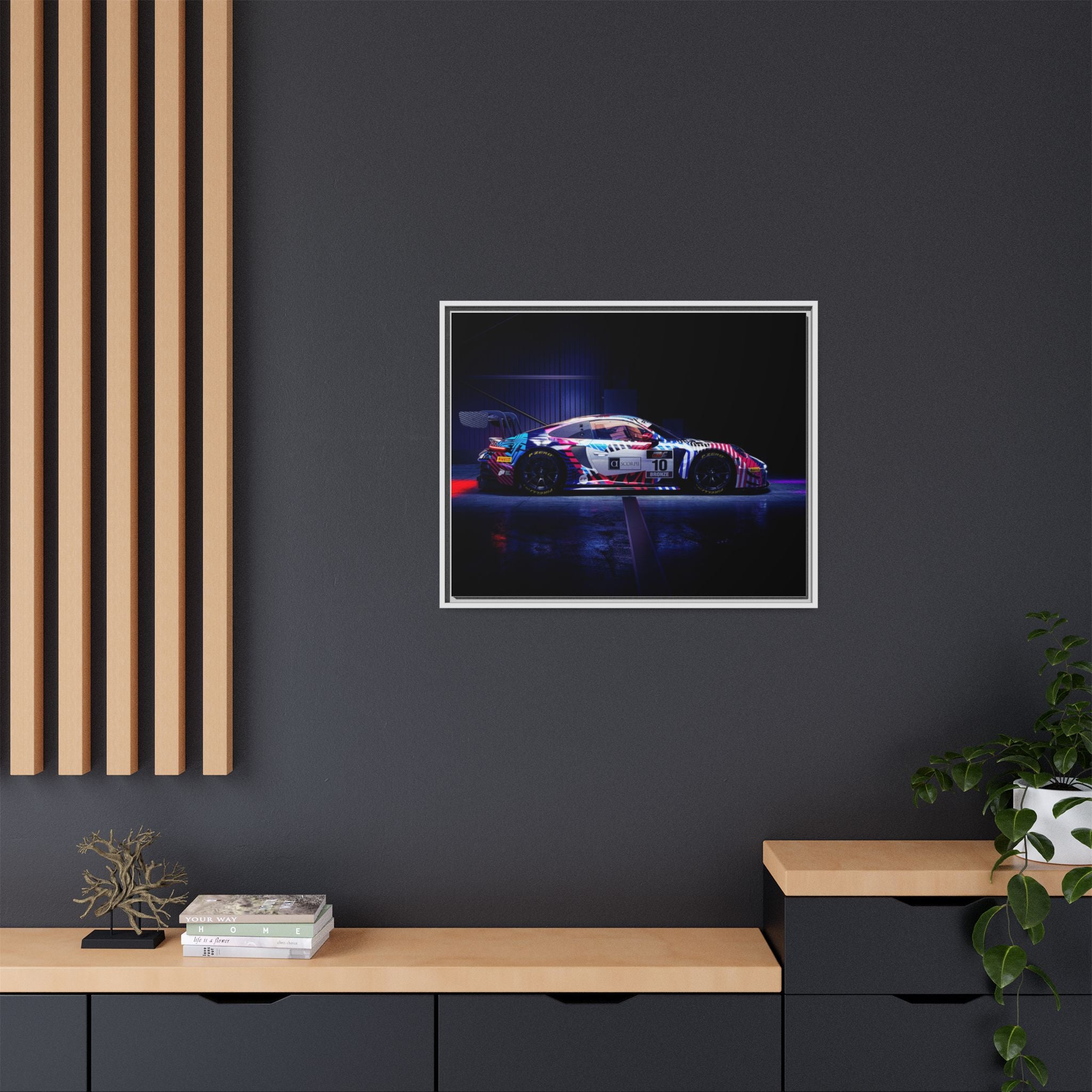 Framed Matte Canvas Print — Neon Racecar Wall Art
