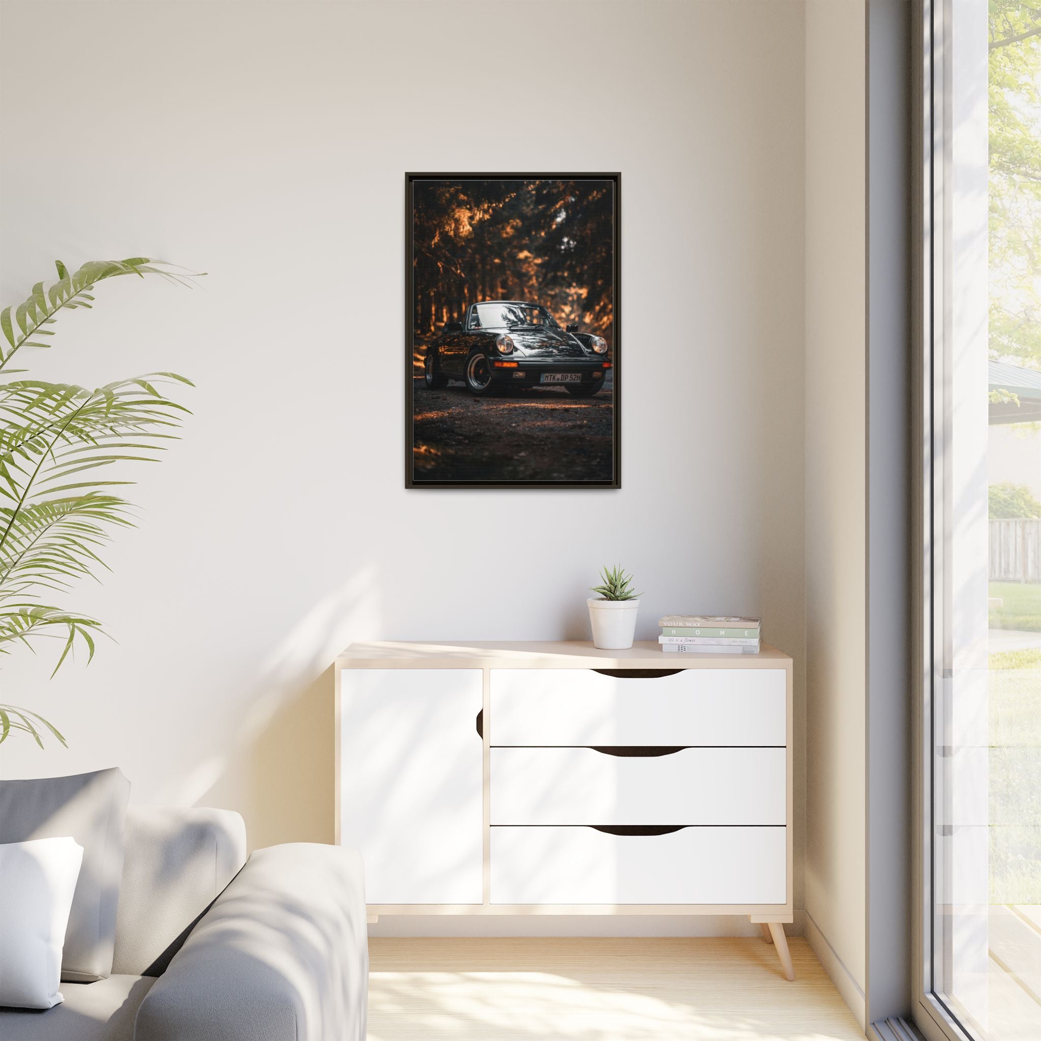 Framed Matte Canvas Print — Vintage Black Porsche in Autumn Forest