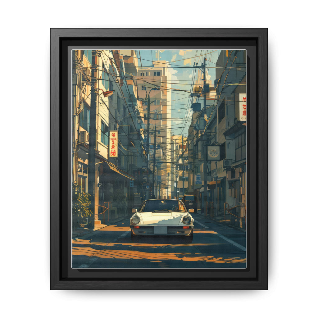 Vintage Sports Car Cityscape Framed Canvas Print