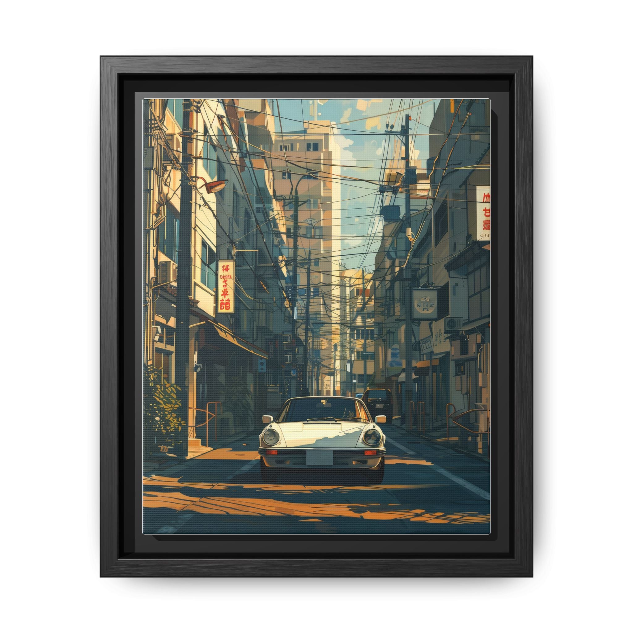 Vintage Sports Car Cityscape Framed Canvas Print