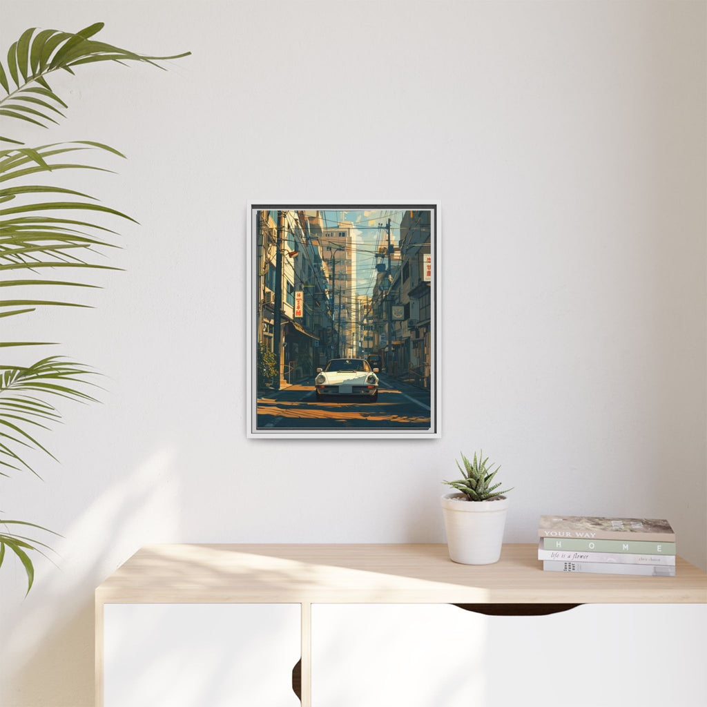 Vintage Sports Car Cityscape Framed Canvas Print