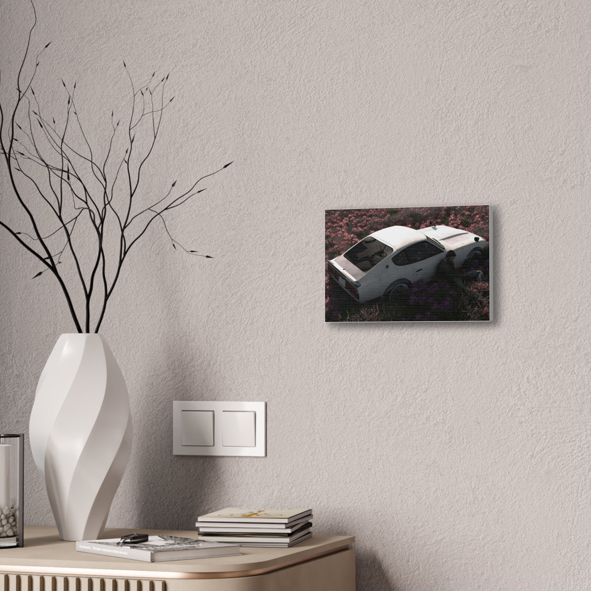 Vintage White Datsun in Wildflower Field Canvas