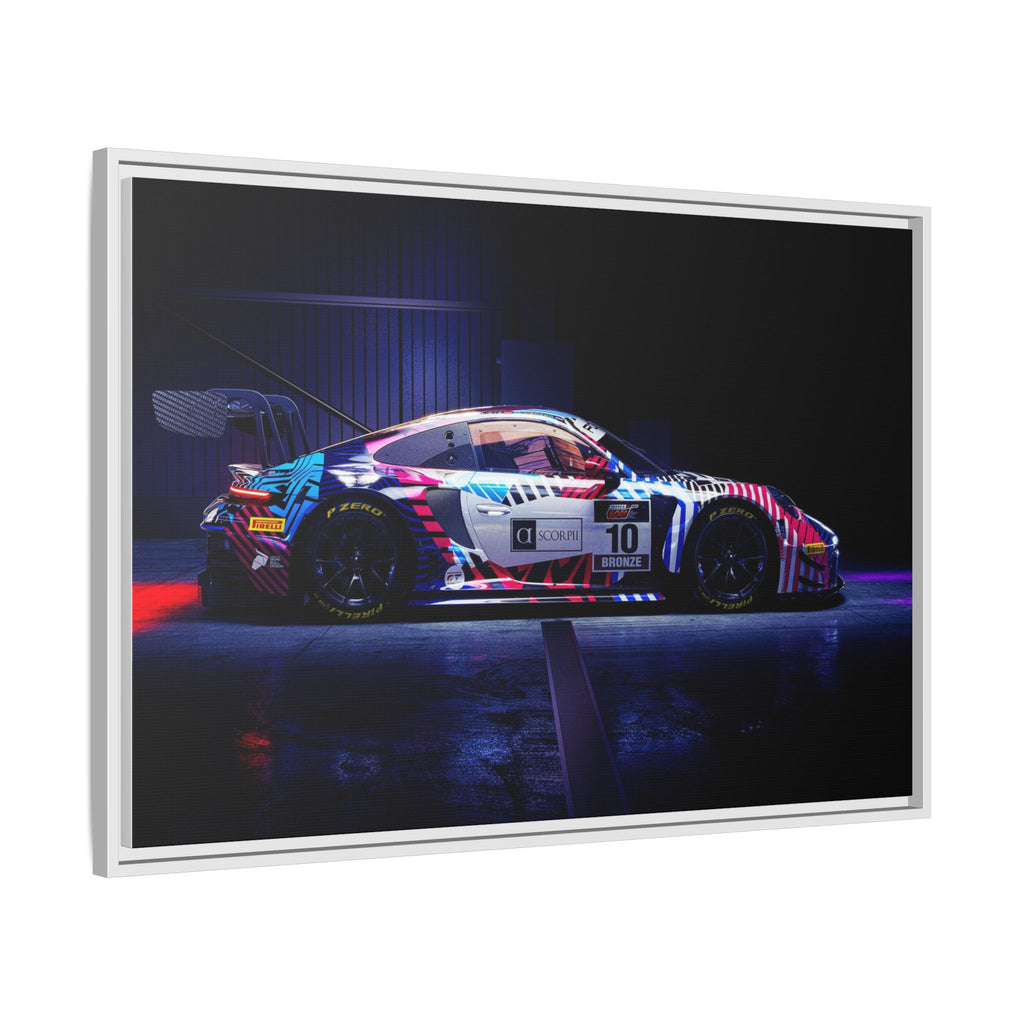 Framed Matte Canvas Print — Neon Racecar Wall Art