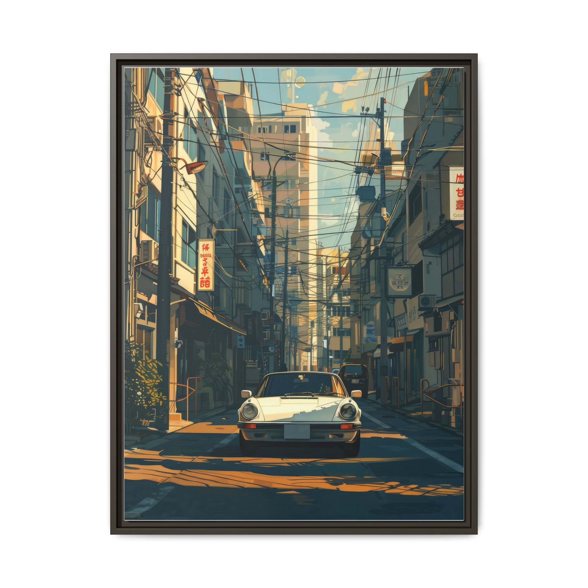 Vintage Sports Car Cityscape Framed Canvas Print