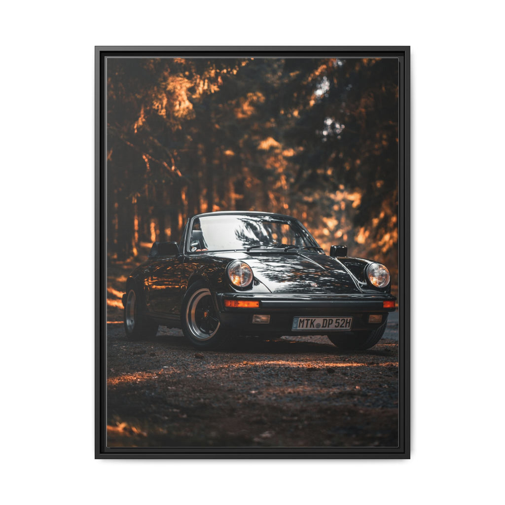 Framed Matte Canvas Print — Vintage Black Porsche in Autumn Forest