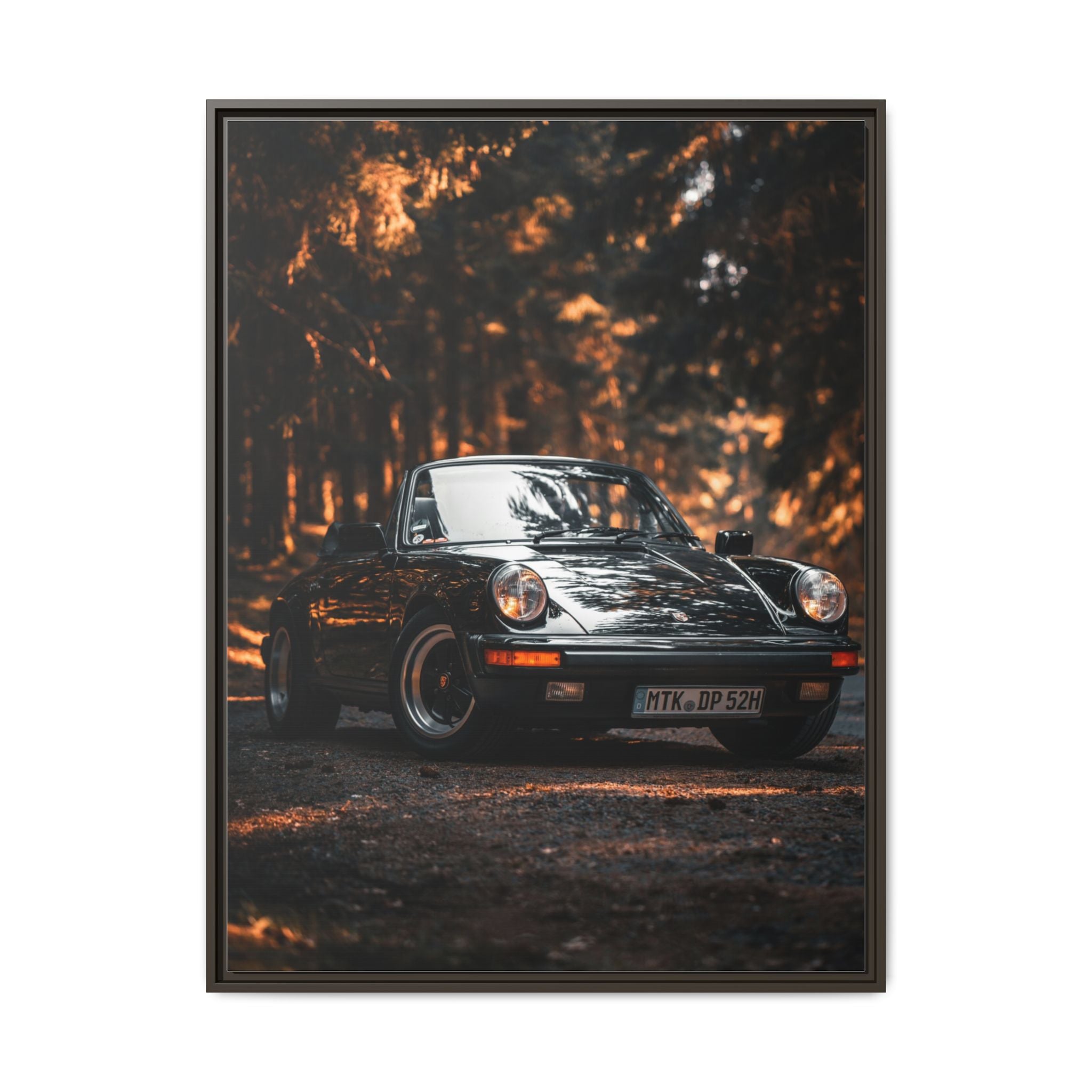 Framed Matte Canvas Print — Vintage Black Porsche in Autumn Forest