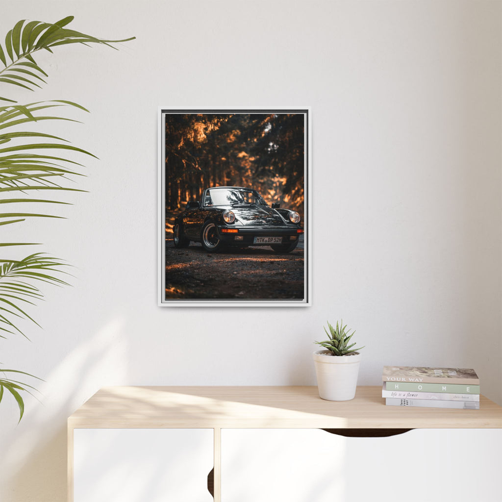 Framed Matte Canvas Print — Vintage Black Porsche in Autumn Forest