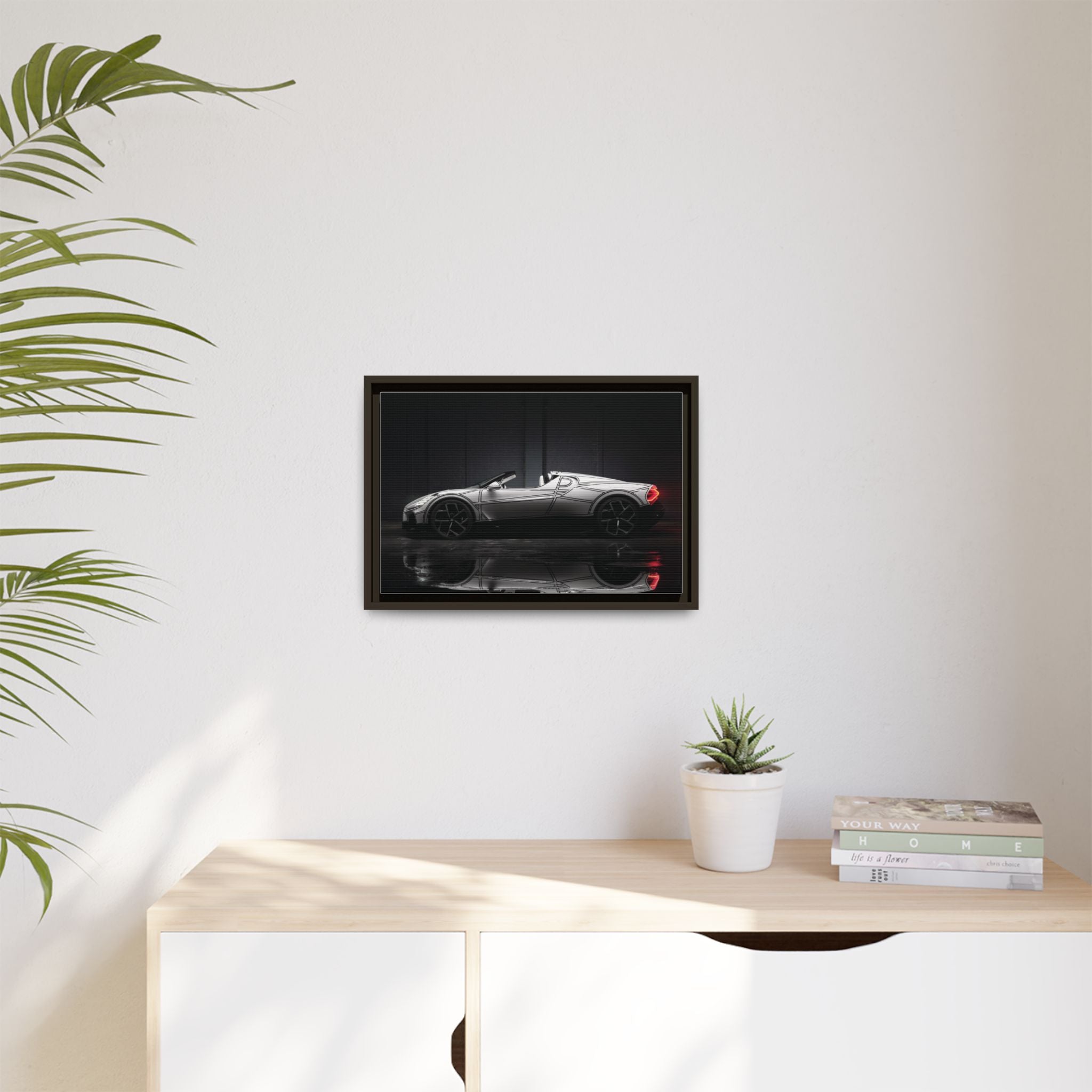 Framed Matte Canvas: Sleek Sports Car Reflection Wall Art