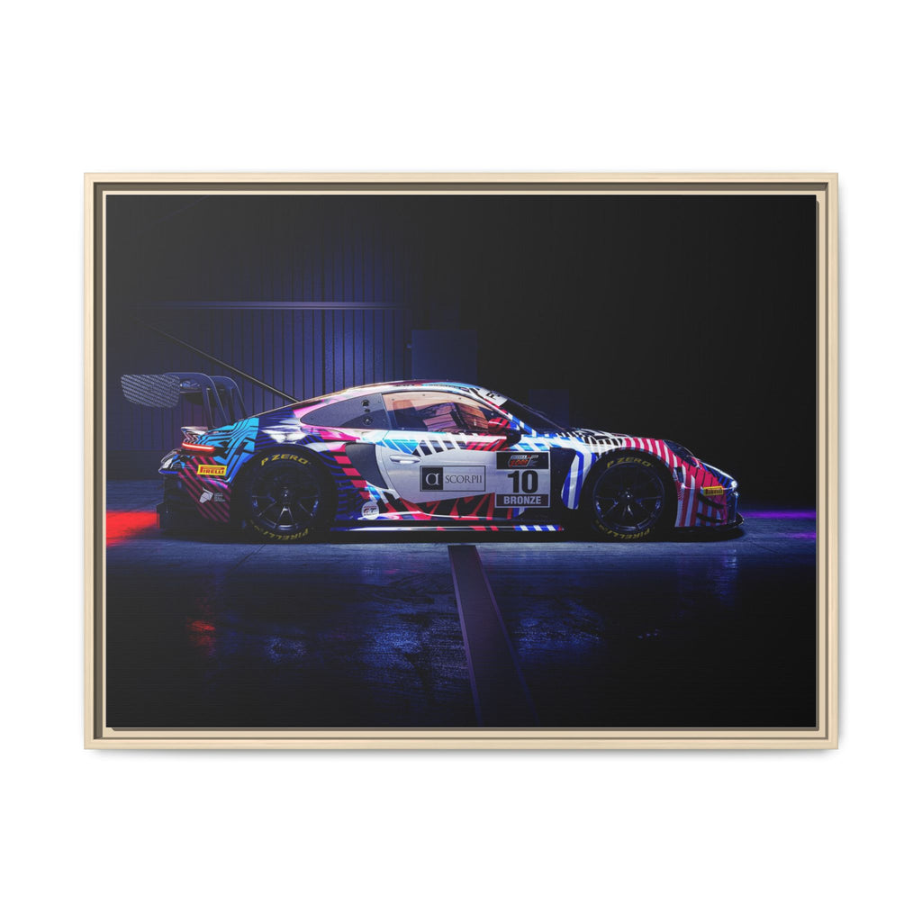 Framed Matte Canvas Print — Neon Racecar Wall Art