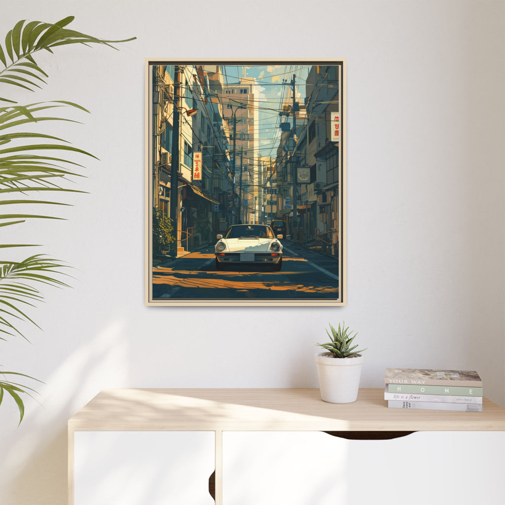 Vintage Sports Car Cityscape Framed Canvas Print
