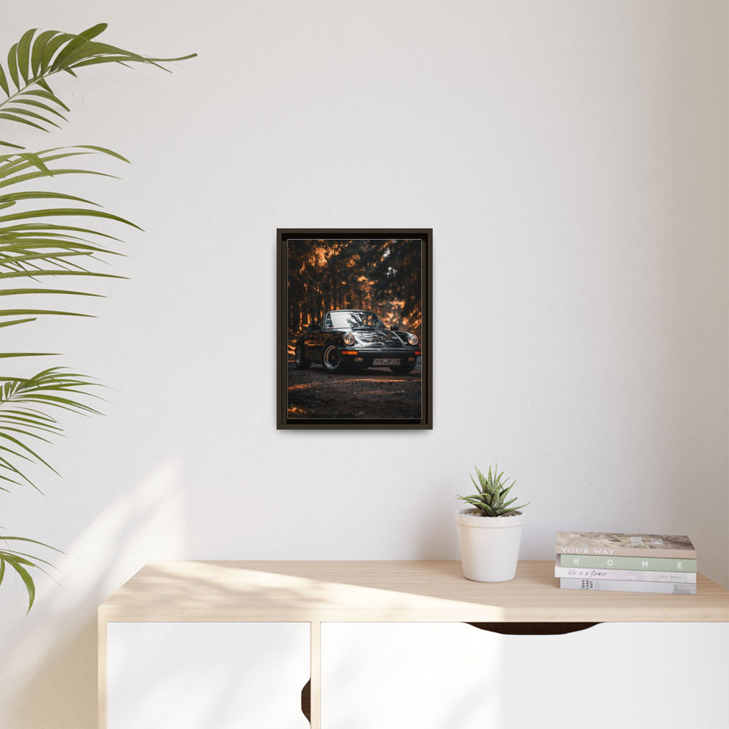 Framed Matte Canvas Print — Vintage Black Porsche in Autumn Forest