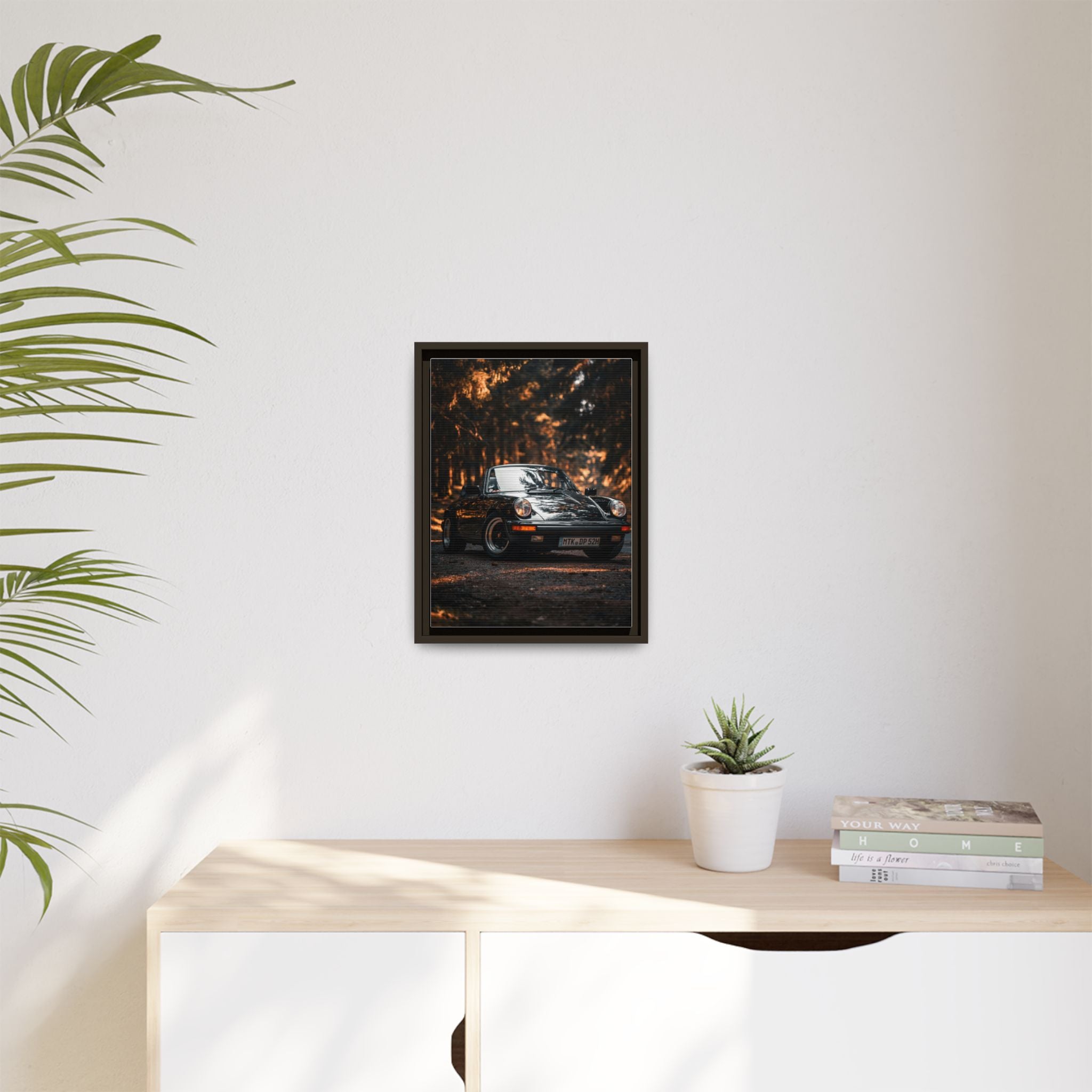 Framed Matte Canvas Print — Vintage Black Porsche in Autumn Forest