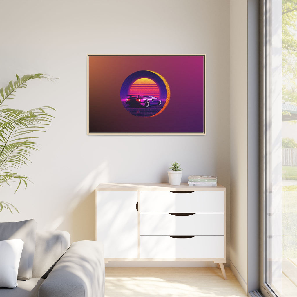 Retro Sunset Sports Car Matte Canvas Framed Wall Art